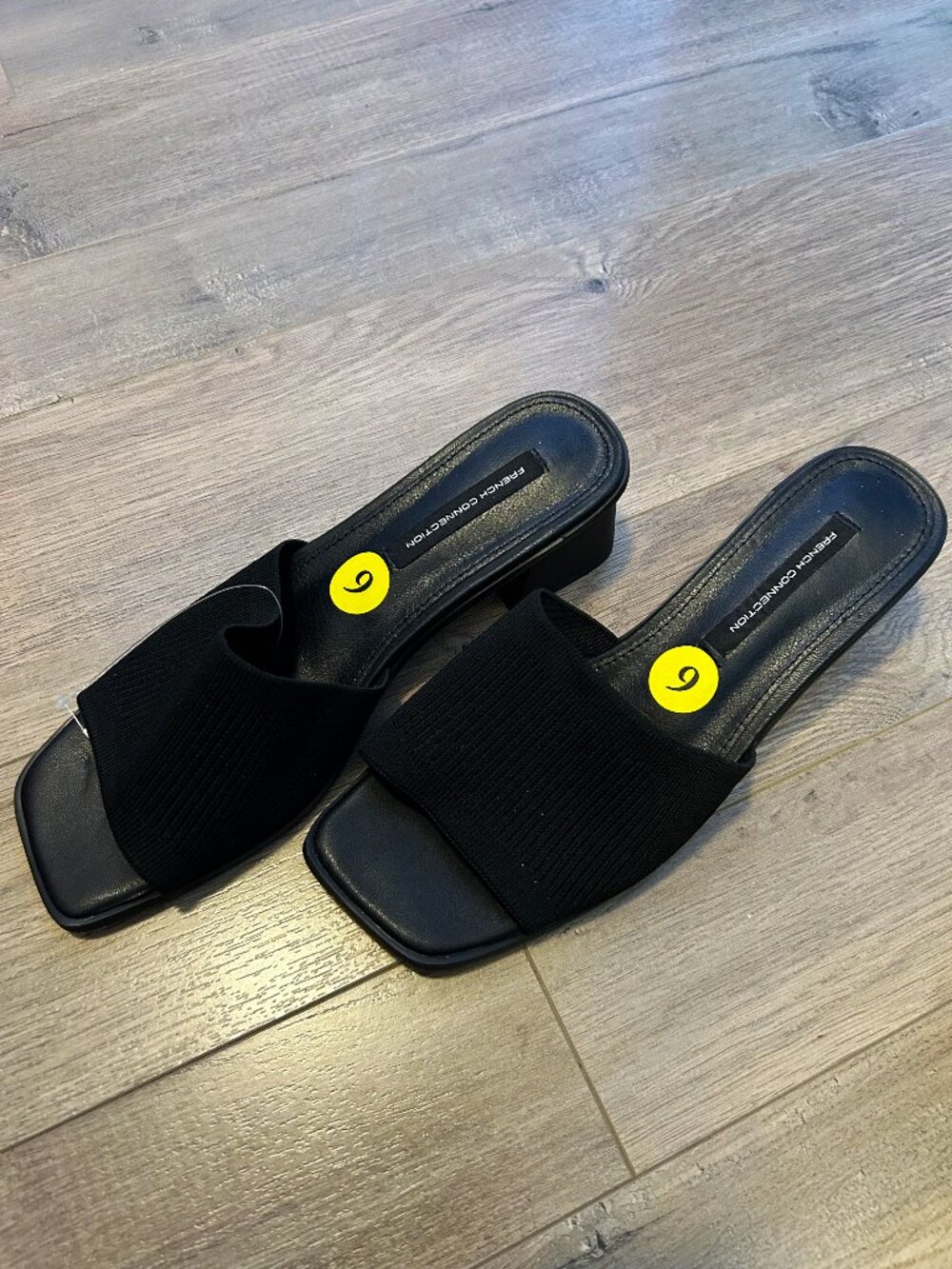 NWT French Connection black ribbed knit square toe mules, size 9
